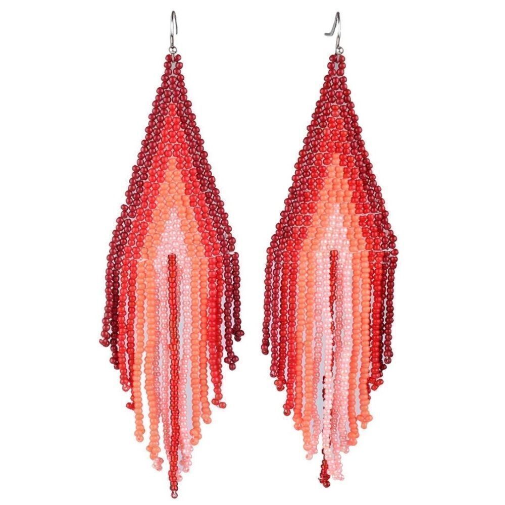 Red Bohemian Seed Bead Tassel Dangling Statement French Wire Hook Earrings